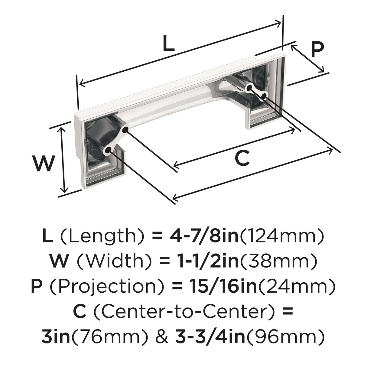 Amerock Cabinet Cup Pull Polished Chrome 3 inch & 3-3/4 inch (76mm & 96 mm) Center-to-Center Appoint 1 Pack Drawer Pull Cabinet Handle Cabinet Hardware