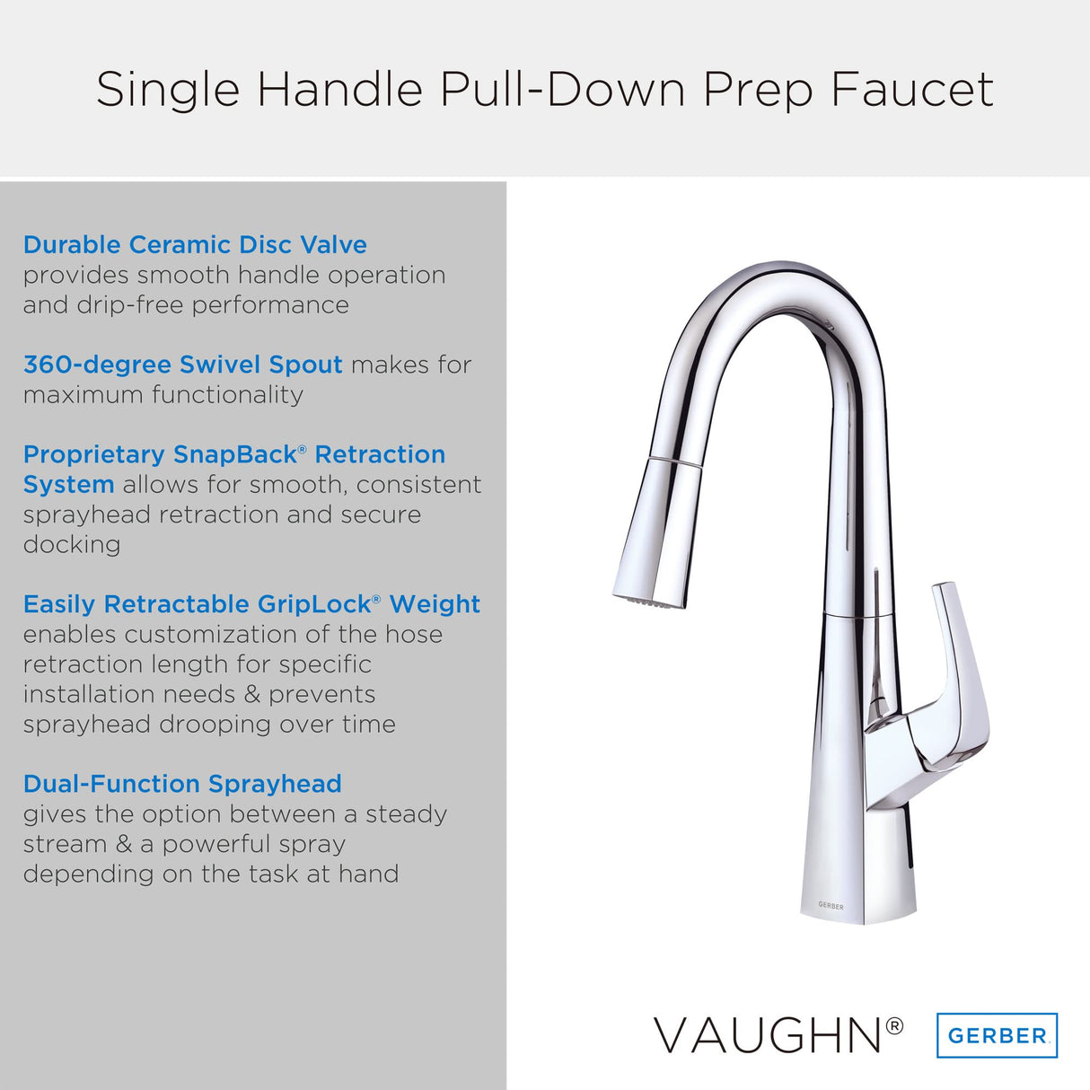 Gerber D150518 Chrome Vaughn Single Handle Pull-down Prep Faucet