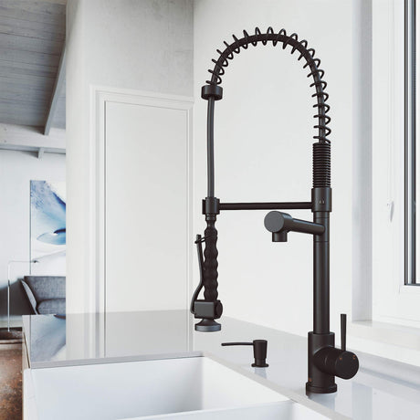 VIGO VG02007MBK2 27" H Zurich Single-Handle with Pull-Down Sprayer Kitchen Faucet with Soap Dispenser in Matte Black