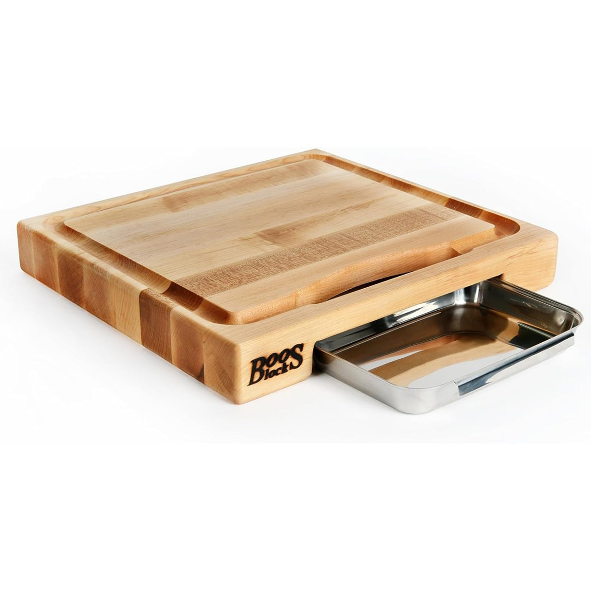 John Boos PM1514225-P Newton Prep Master Large Maple Wood Cutting Board for Kitchen, 15 Inches x 14 Inches, 2.25 Thick Reversible Edge Grain with Juice Groove & Stainless Pan 15X14X2.25 MPL-EDGE GR-PREP MASTER-