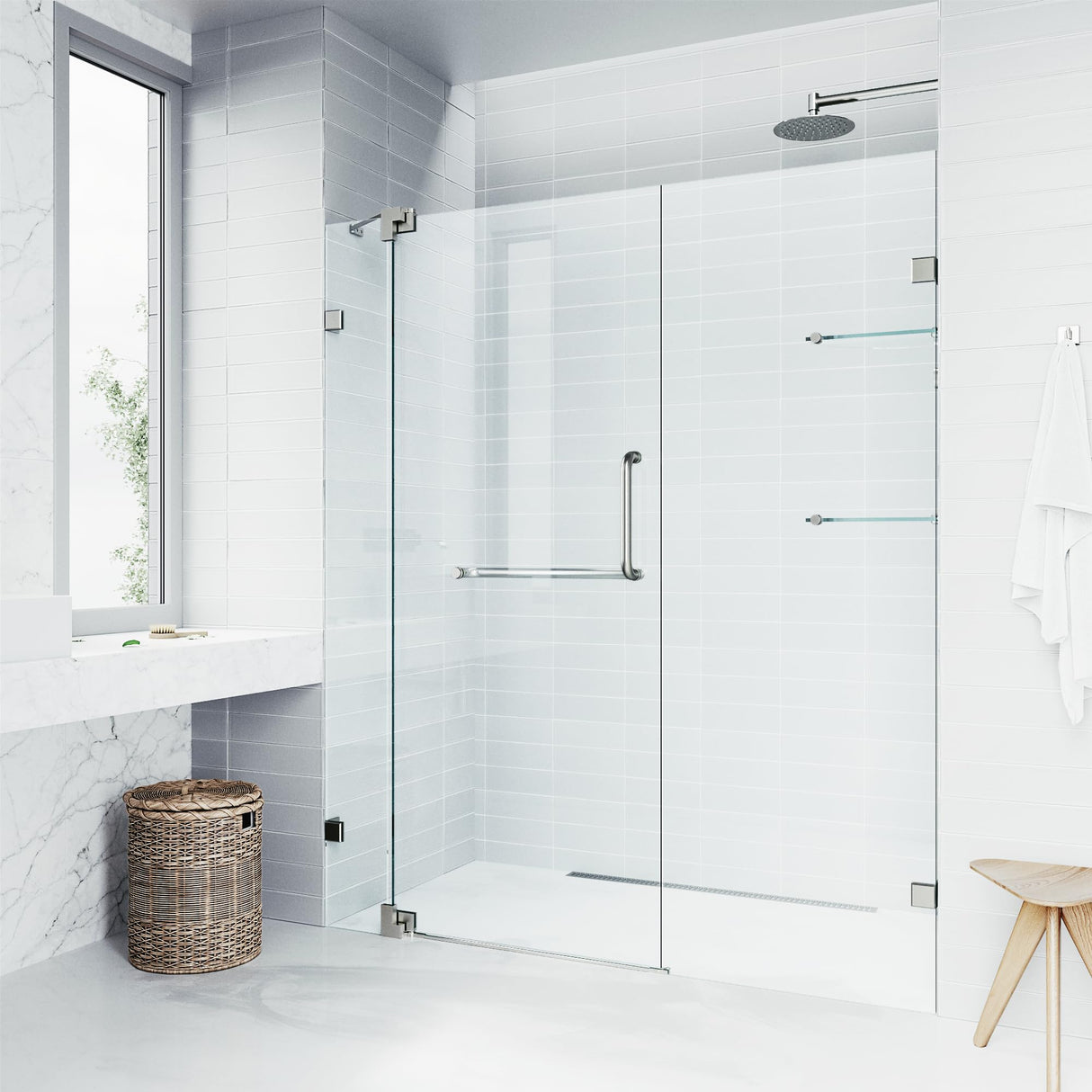VIGO Adjustable 54 - 60 in. W x 72 in. H Frameless Pivot Rectangle Shower Door with Clear Tempered Glass and St. Steel Hardware in Brushed Nickel Finish with Reversible Handle - VG6042BNCL60
