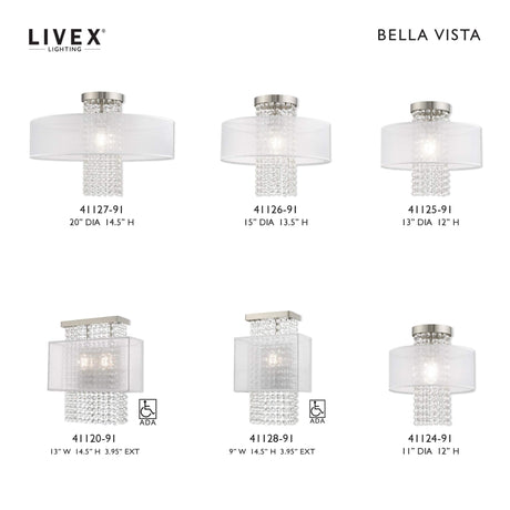 Livex Lighting 41121-91 Bella Vista - One Light Chandelier, Brushed Nickel Finish with Translucent Fabric Shade with Clear Crystal