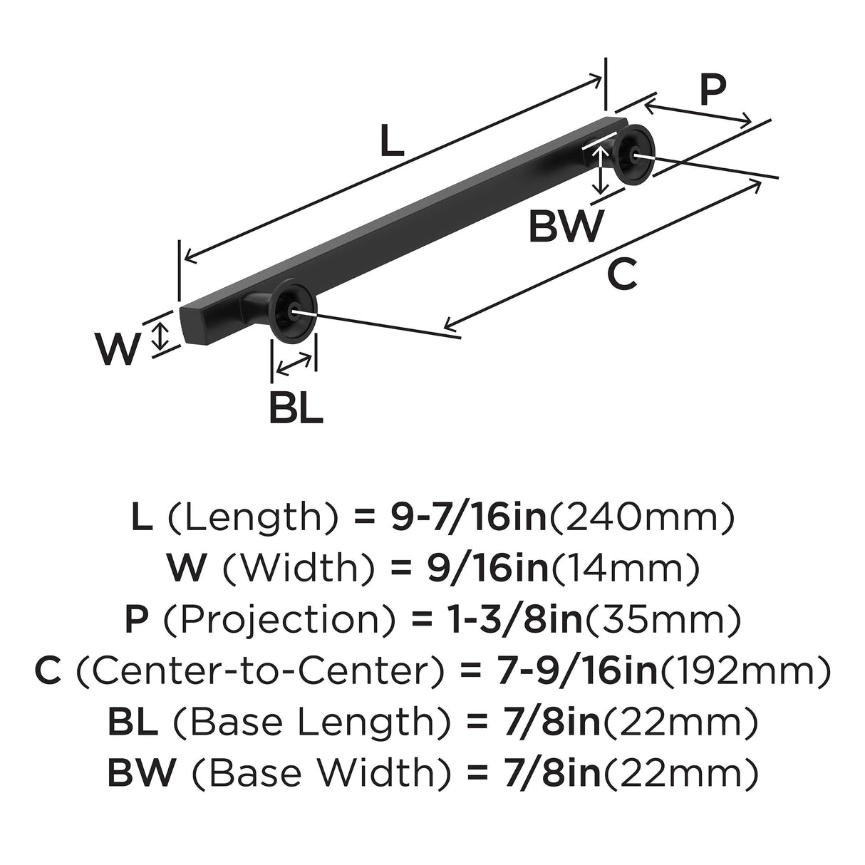 Amerock Corp BP37107MB Everett Pull, 7-9/16 in (192 mm) Center-to-Center, Matte Black