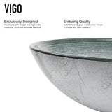 VIGO VGT839 16.5" L -16.5" W -12.38" H Handmade Glass Round Vessel Bathroom Sink Set in Simply Silver Finish with Chrome Single-Handle Single Hole Faucet and Pop Up Drain