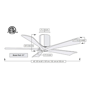 Matthews Fan IR5H-BK-WA-52 Irene-5H five-blade flush mount paddle fan in Matte Black finish with 52” solid walnut tone blades. 