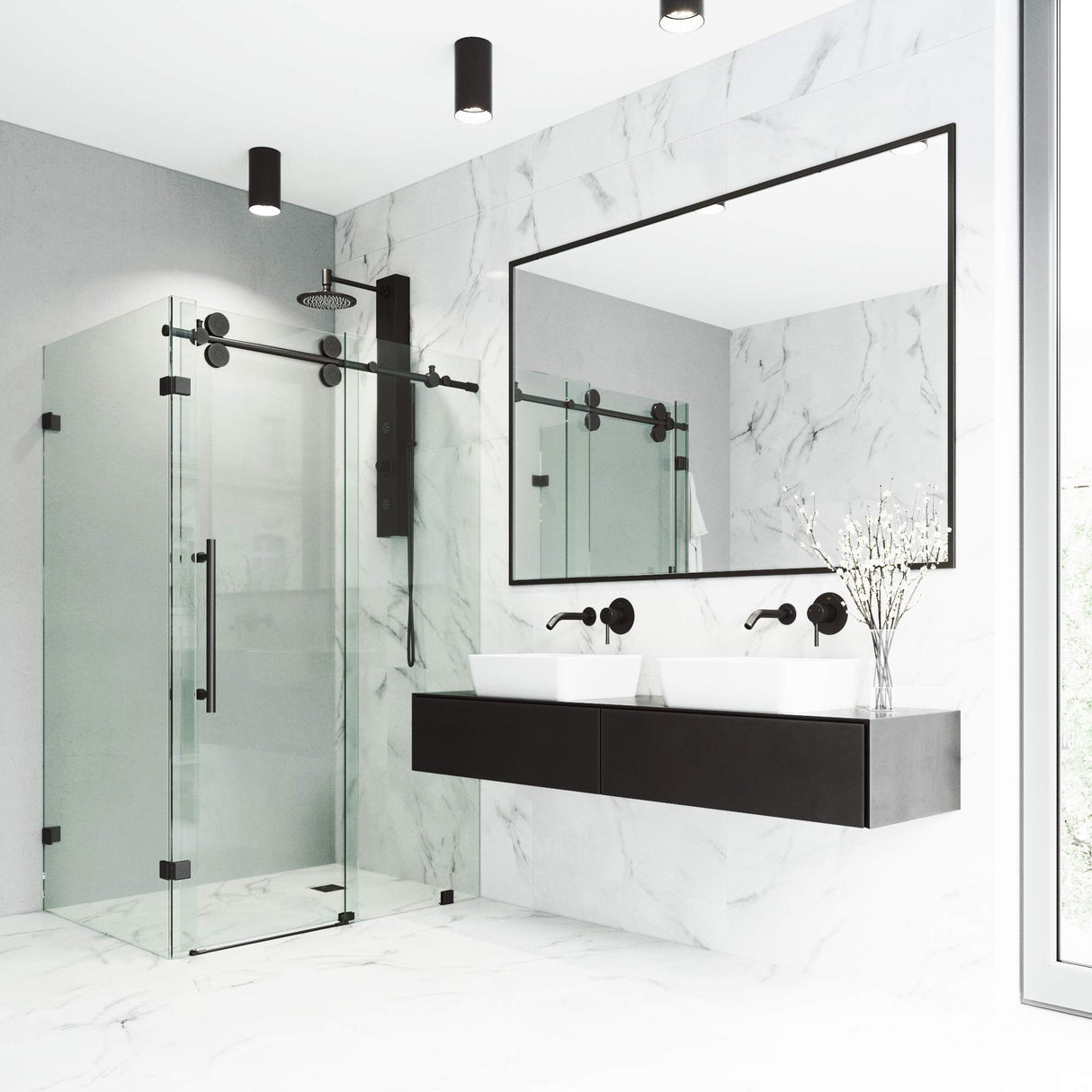 VIGO VG6051MBCL48 34.63" -34.63" W -73.75" H Frameless Sliding Rectangle Shower Enclosure with Clear 0.38" Tempered Glass and Stainless Steel Hardware in Matte Black Finish with Reversible Handle