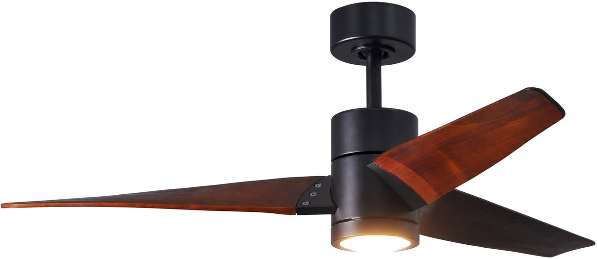 Matthews Fan SJ-BK-WN-52 Super Janet three-blade ceiling fan in Matte Black finish with 52” solid walnut tone blades and dimmable LED light kit 