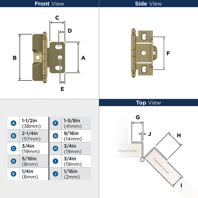 Amerock PK3175TBBBZ Cabinet Hinge 3/4 in. (19 mm) Door Thickness Full Inset Full Wrap Ball Tip Golden Champagne Kitchen Cabinet Door Hinge Single Hinge Functional Hardware