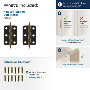 Amerock Cabinet Hinge 2-11/16 inch (68 mm) Length Hinge Antique Brass 2 Pack Non Self-Closing Hinge Butt Hinge Cabinet Door Hinge