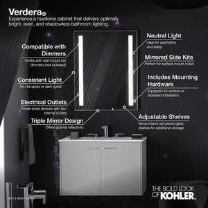 Kohler Verdera 24" x 30" Lighted Single Door Medicine Cabinet with Three Shelves, Built-in Outlets and Flip Out Magnifying Mirror - CA Title 24 Compliant