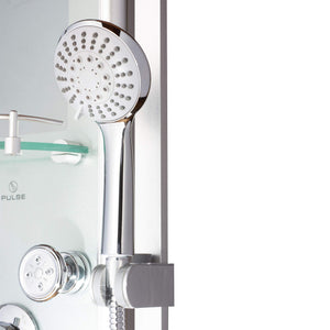 PULSE ShowerSpas 1013-GL Kihei II ShowerSpa Panel with 8" Rain Showerhead, 6 Body Sprays, 5-Function Hand Shower, Glass Shelf, Mirror, Tub Spout, Silver with Chrome Fixtures