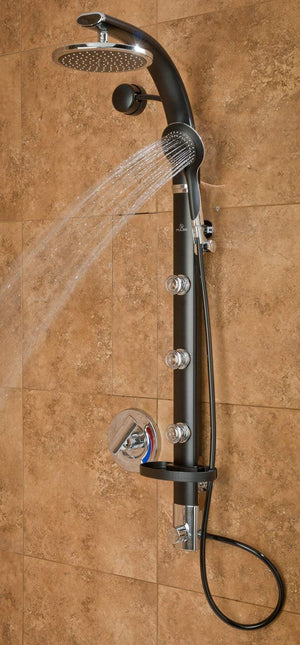 PULSE ShowerSpas 1017-B Bonzai Shower System with 8" Rain Showerhead, 3 Pulsating Body Spray Jets, 5-Function Hand Shower and Integral Shelf, Black Anodized Aluminum Body with Chrome Fixtures