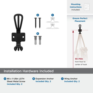 Amerock H37006MB Vinland Double Prong Decorative Wall Hook Matte Black Hook for Coats, Hats, Backpacks, Bags Hooks for Bathroom, Bedroom, Closet, Entryway, Laundry Room, Office