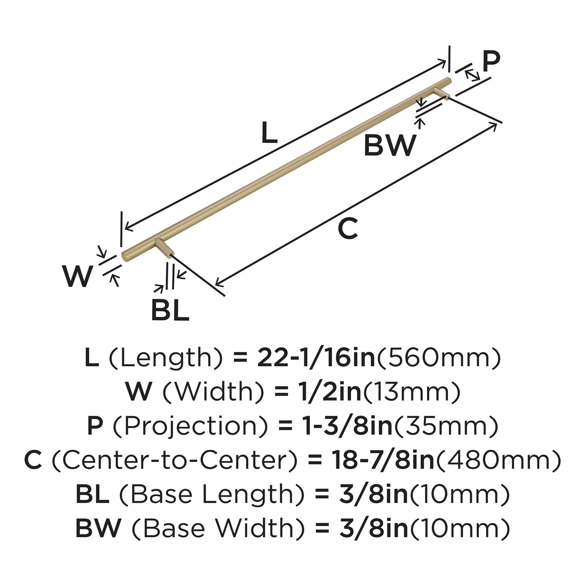 Amerock Cabinet Pull Golden Champagne 18-7/8 inch (480 mm) Center to Center Bar Pulls 1 Pack Drawer Pull Drawer Handle Cabinet Hardware