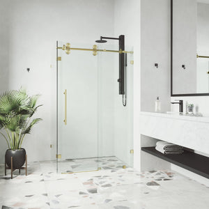 VIGO 46"W x 74"H Winslow Frameless Sliding Rectangle Shower Enclosure with Clear Tempered Glass, Reversible Door Handle and Stainless Steel Hardware in Matte Brushed Gold-VG6051MGCL48