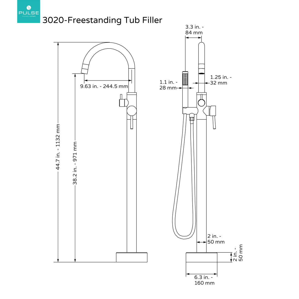 Pulse ShowerSpas 3020-FSTF-BN Freestanding Tub Filler Bathtub Faucet with Handheld Wand and Diverter, Floor Mount, Brushed Nickel