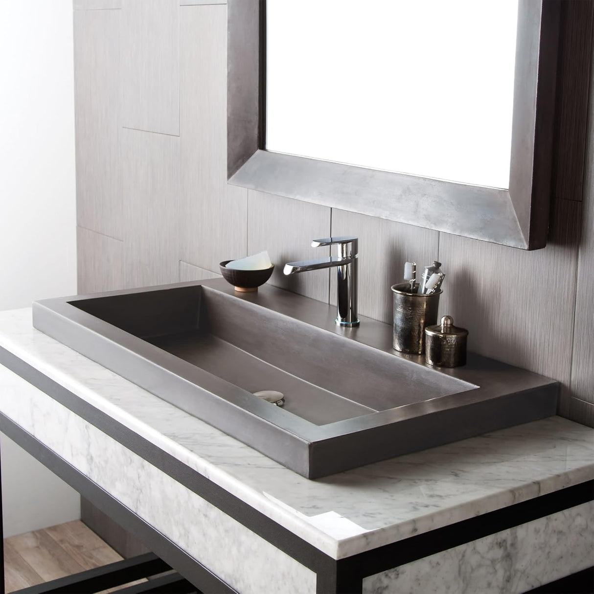 NSL3619-S Native Stone Trough Bathroom Sink, 36" x 19", Slate, Single Faucet Hole