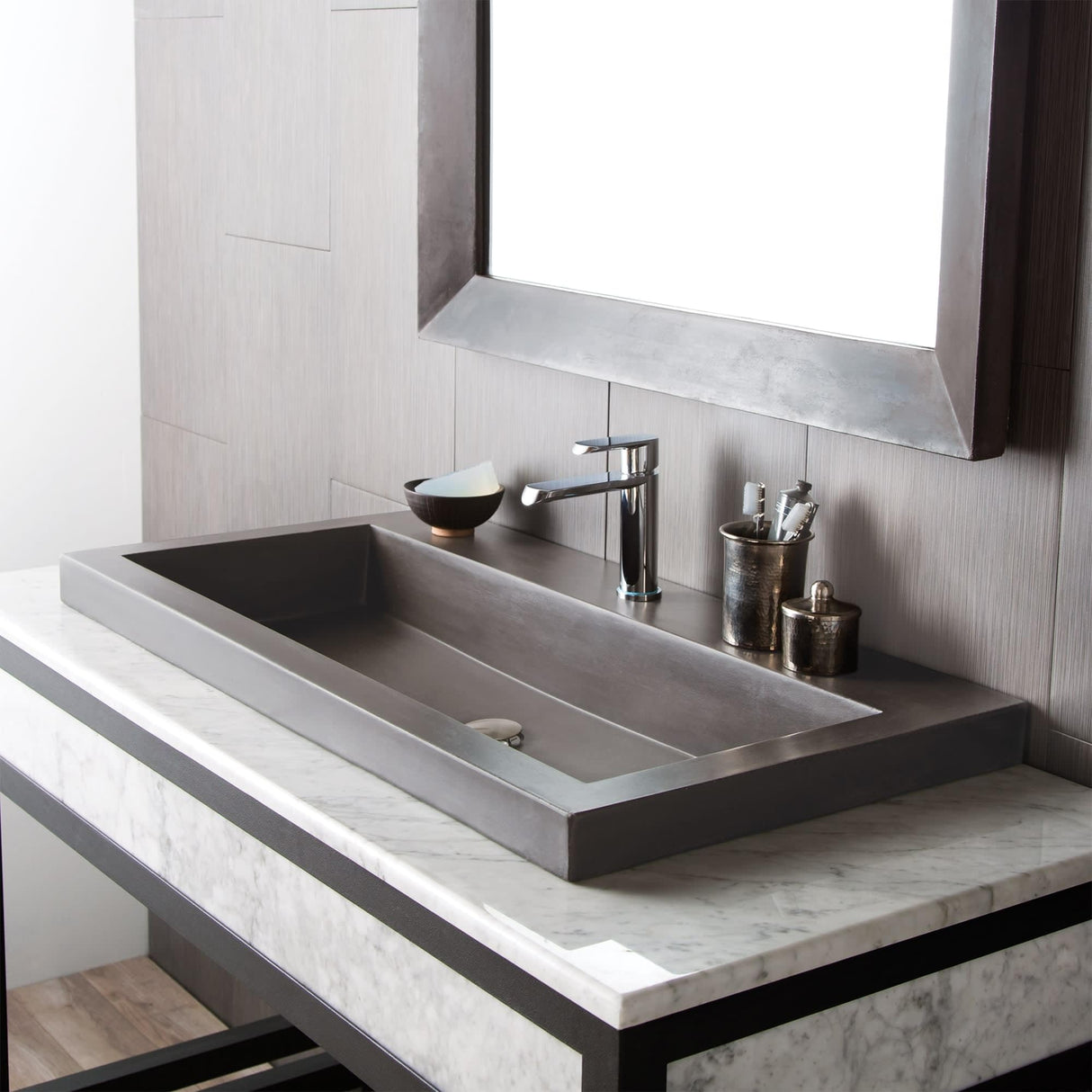 Native Trails NSL3619-P Native Stone Trough Bathroom Sink, 36" x 19", Pearl, Single Faucet Hole