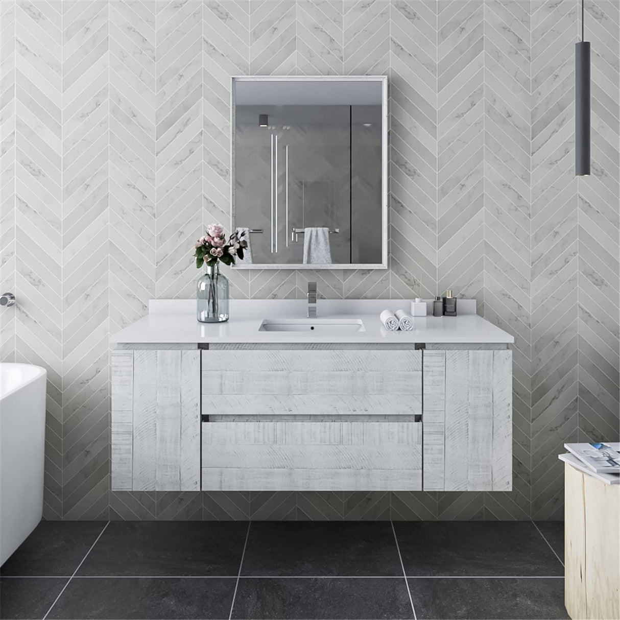 Fresca FVN31-123012RWH Fresca Formosa 54" Wall Hung Modern Bathroom Vanity w/ Mirror in Rustic White