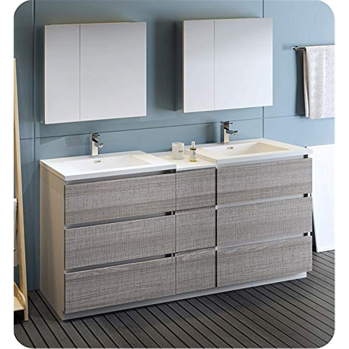 Fresca FVN93-301230HA-D Fresca Lazzaro 72" Glossy Ash Gray Free Standing Double Sink Modern Bathroom Vanity w/ Medicine Cabinet