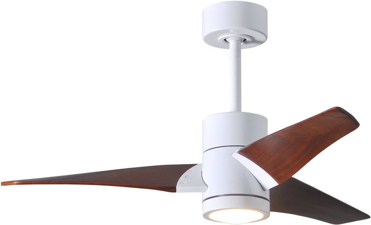 Matthews Fan SJ-WH-WN-42 Super Janet three-blade ceiling fan in Gloss White finish with 42” solid walnut tone blades and dimmable LED light kit 