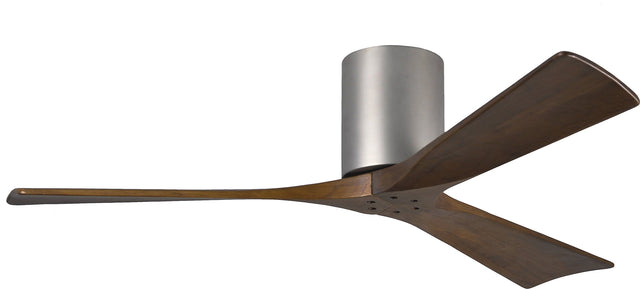 Matthews Fan IR3H-BN-WA-52 Irene-3H three-blade flush mount paddle fan in Brushed Nickel finish with 52” solid walnut tone blades. 
