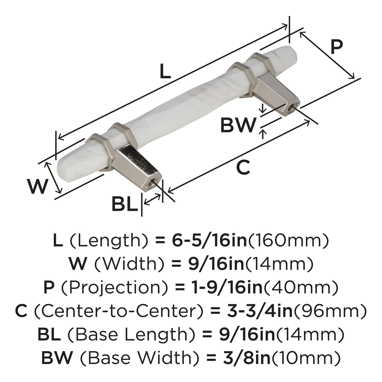 Amerock Cabinet Pull Marble White/Polished Nickel  3-3/4 inch (96 mm) Center to Center Carrione 1 Pack Drawer Pull Drawer Handle Cabinet Hardware