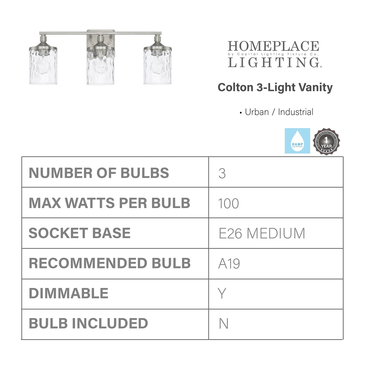 Capital Lighting 128831BN-451 Colton 3 Light Vanity Brushed Nickel