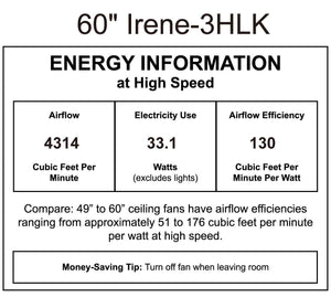 Matthews Fan IR3HLK-BN-BK-60 Irene-3HLK three-blade flush mount paddle fan in Brushed Nickel finish with 60” solid matte black wood blades and integrated LED light kit.