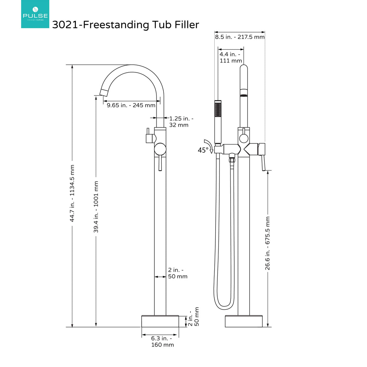 PULSE ShowerSpas 3021-FSTF-MB Matte Black Freestanding Tub Filler with Diverter