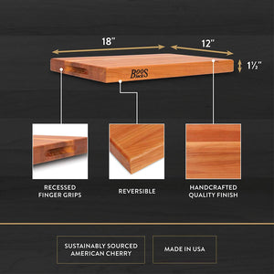 John Boos CHY-R01 Cherry Wood Cutting Board for Kitchen Prep, 1.5 Inch Thick, Large Edge Grain Rectangular Reversible Charcuterie Block, 18" x 12" 1.5" 18X12X1.5 CHY-EDGE GR-REV-