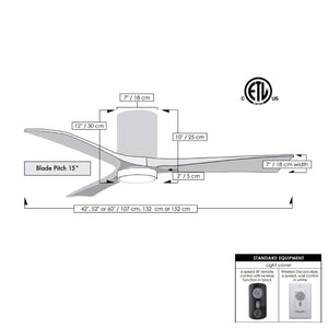 Matthews Fan IR3HLK-WH-BK-42 Irene-3HLK three-blade flush mount paddle fan in Gloss White finish with 42” solid matte black wood blades and integrated LED light kit.