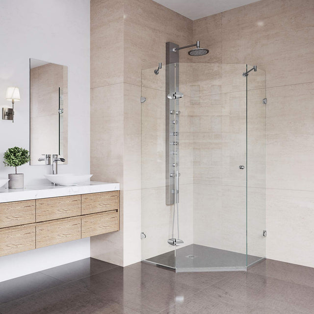 VIGO VG6061CHCL38 36.13" -36.13" W -73.38" H Frameless Hinged Neo-angle Shower Enclosure with Clear 0.38" Tempered Glass and Stainless Steel Hardware in Chrome Finish with Reversible Handle