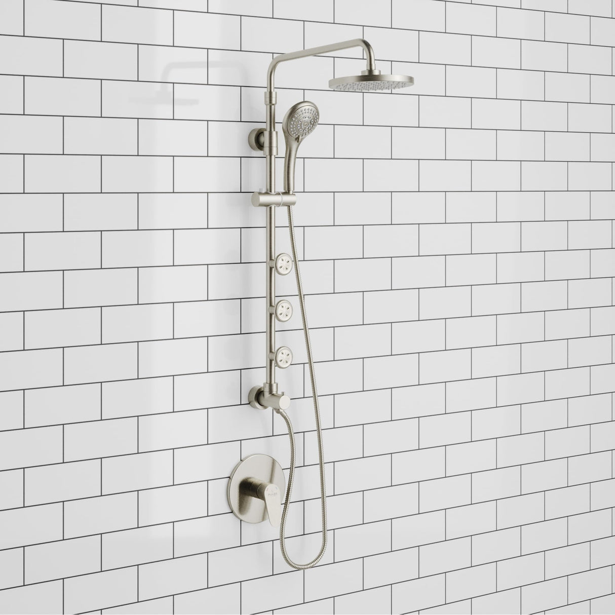 PULSE ShowerSpas 1028-BN Lanikai Shower System with 8" Rain Showerhead, 3 Dual-Function Body Spray Jets, 5-Function Hand Shower, Brushed Nickel, 2.5 GPM