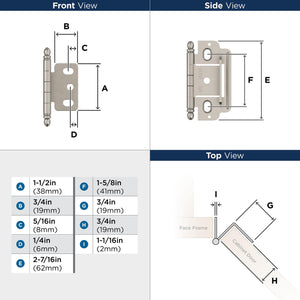 Amerock Cabinet Hinge 3/4 inch (19 mm) Door Thickness Hinge Satin Nickel 1 Pack Non Self-Closing Hinge Partial Wrap Hinge Cabinet Door Hinge