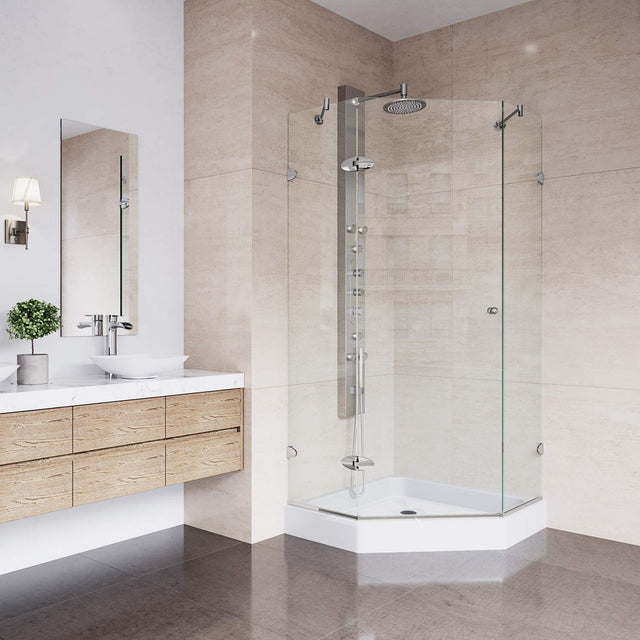 VIGO VG6061BNCL38W 38.13" -38.13"W -78.75"H Frameless Hinged Neo-angle Shower Enclosure with Clear 0.38" Tempered Glass Stainless Steel Hardware in Brushed Nickel Finish, Reversible Handle and Base