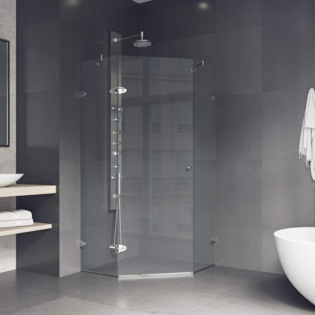 VIGO VG6061CHCL42 40.0" -40.0" W -73.75" H Frameless Hinged Neo-angle Shower Enclosure with Clear 0.38" Tempered Glass and Stainless Steel Hardware in Chrome Finish with Reversible Handle