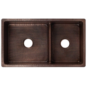 Premier Copper Products K60DB33199-SD5 33" Hammered Copper Kitchen 60/40 Double Basin Sink with Short 5" Divider