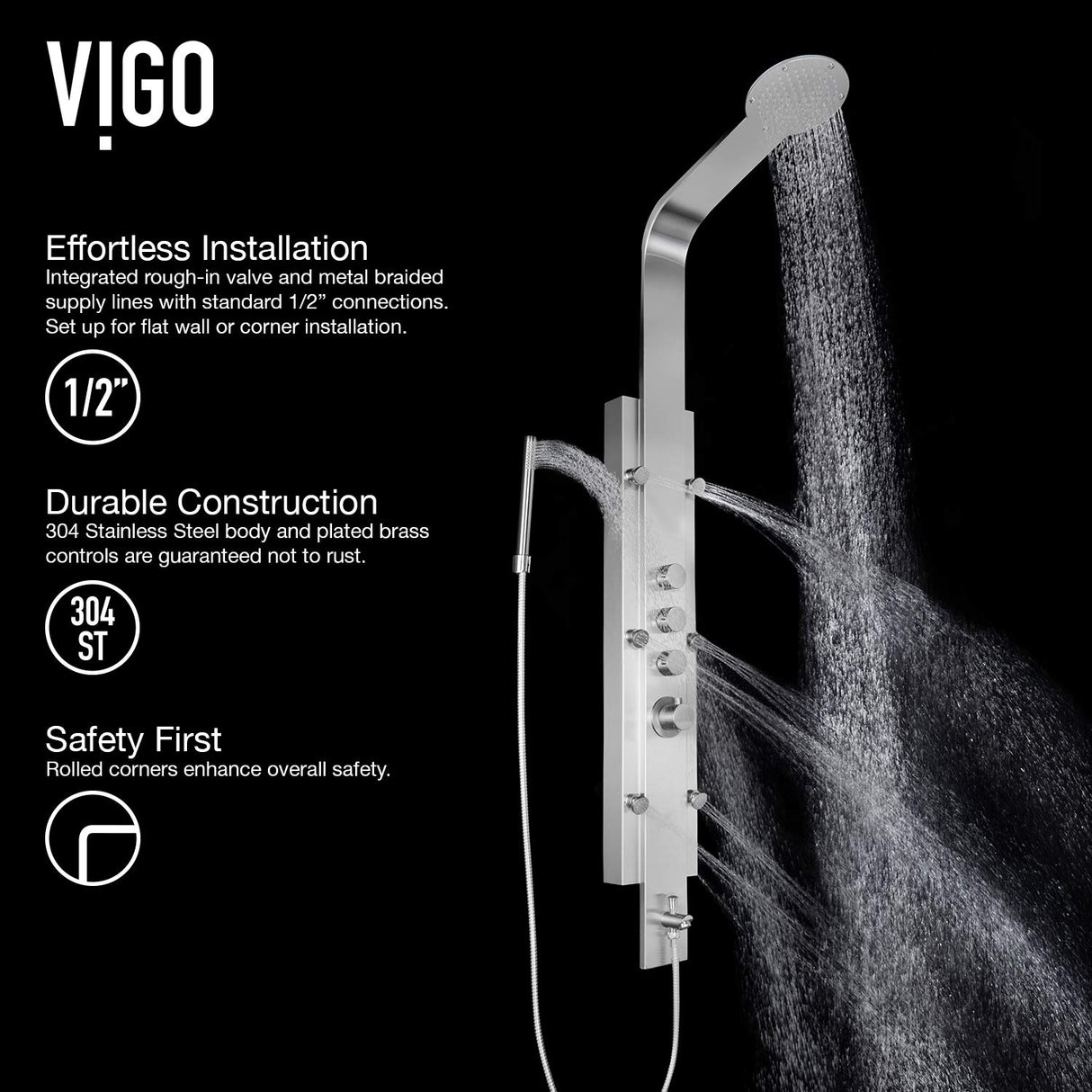 VIGO VG08008 Mateo 20.5" -7.13" W -59.5" H Shower Massage Panel 6 -Jet High Pressure Shower System with Thermostatic, Volume, Dual Function Control Type, Brass Hardware in Stainless Steel Finish