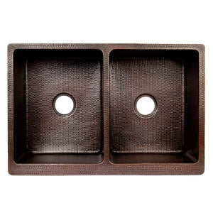 Premier Copper Products 33-inch Copper Apron Front 50/50 Double Basin Kitchen Sink w/Scroll Dsgn Nickel Bkgrnd