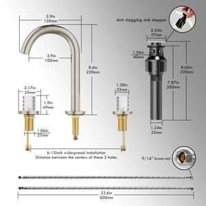 Bathroom Sink Faucet 3 Hole, 8 Inch Widespread Bathroom Faucets, Sink Faucet Brushed Nickel with Pop-up Drain & Hose