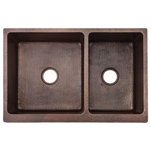 Premier Copper Products KA60DB33229S Handmade 33-Inch Hammered Copper Kitchen Double Basin Sink