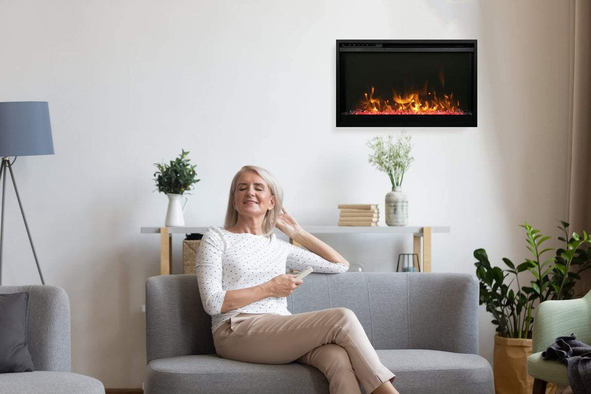 Amantii TRD-30-XS Traditional Xtraslim Smart Electric 30" WiFi Enabled Fireplace, Featuring a Multi Function Remote Control, Multi Flame Speeds and Clear Glass Media
