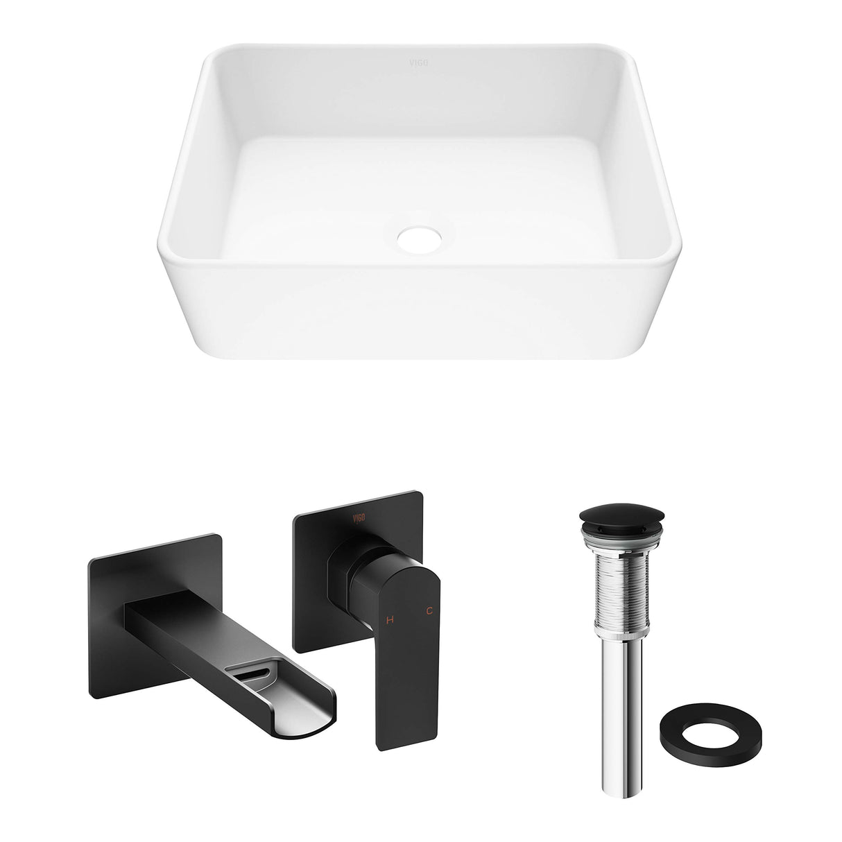 VIGO VGT981 14.38" L -17.75" W -5.13" H Matte Stone Marigold Composite Rectangular Vessel Bathroom Sink in White with Faucet and Pop-Up Drain in Matte Black