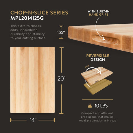 John Boos Chop-N-Slice Maple Wood Cutting Board for Kitchen Prep, 1.25" Thick, Large, Edge Grain, Charcuterie Boos Block, 20" x 14", Reversible