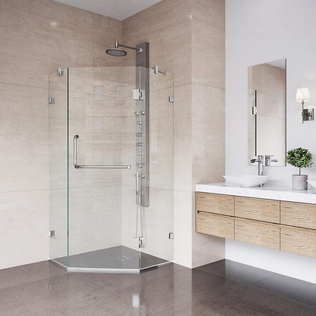 VIGO VG6062BNCL38 36.13" -36.13" W -73.38" H Frameless Hinged Neo-angle Shower Enclosure with Clear 0.38" Tempered Glass and Stainless Steel Hardware in Brushed Nickel Finish with Reversible Handle