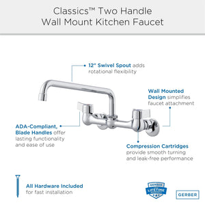 Gerber G0042630 Chrome Classics Two Handle Wall Mount Kitchen Faucet W/ 12" ...