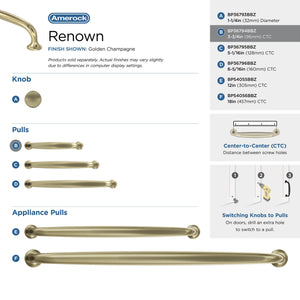 Amerock Cabinet Pull Golden Champagne 3-3/4 in (96 mm) Center-to-Center Drawer Pull Renown Kitchen and Bath Hardware Furniture Hardware