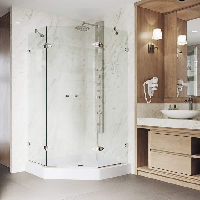 VIGO VG6063BNCL47W 47.0" -47.0"W -78.75"H Frameless Hinged Neo-angle Shower Enclosure with Clear 0.38" Tempered Glass Stainless Steel Hardware in Brushed Nickel Finish with Reversible Handle and Base