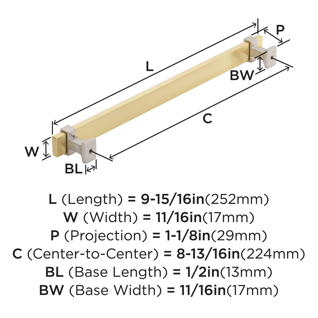 Amerock Cabinet Pull Brushed Gold/Satin Nickel 8-13/16 inch (224 mm) Center to Center Overton 1 Pack Drawer Pull Drawer Handle Cabinet Hardware